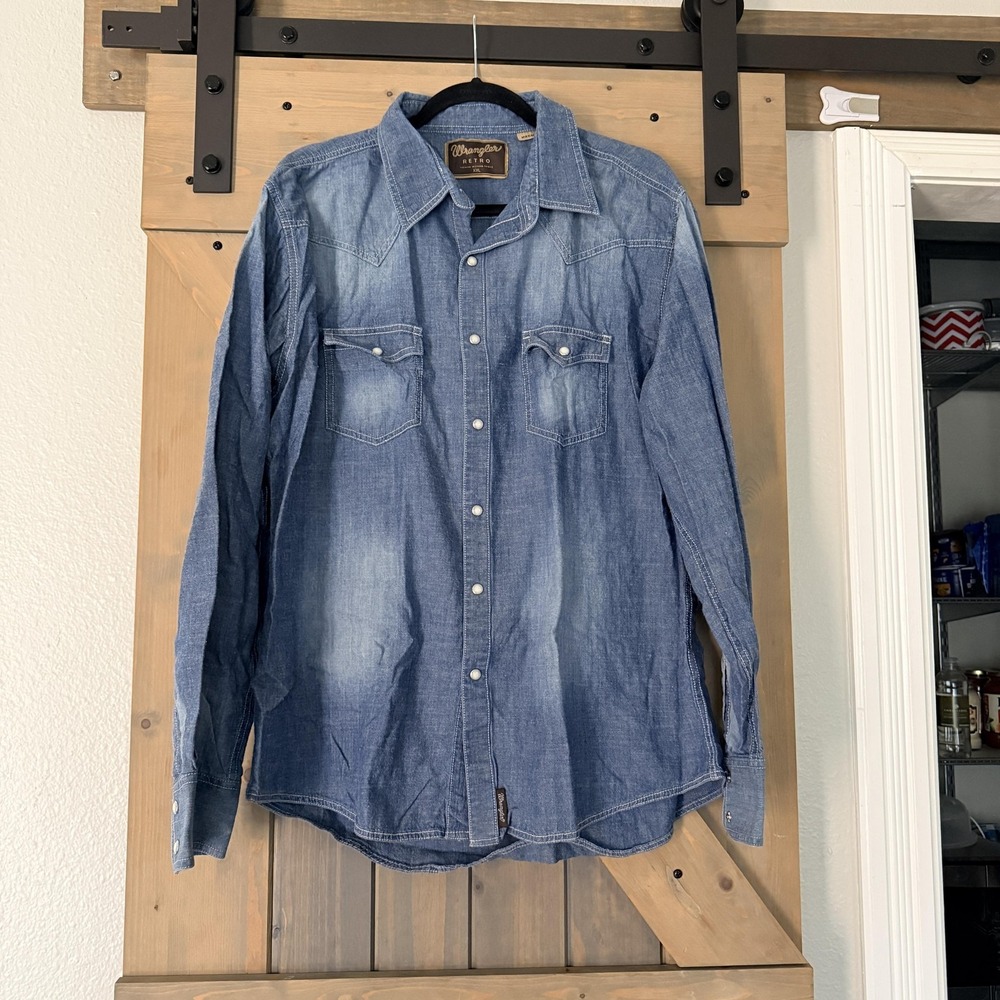 Wrangler Retro Shirt Mens 2XL Blue Chambray Denim Western Pearl Snap Cowboy